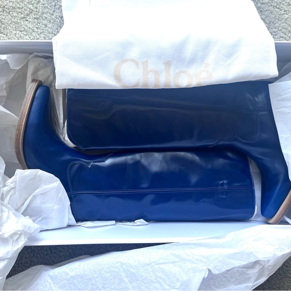CHLOÉ Nellie Tall Western Boots Majestic Blue Sz 6/EU36 Festival Runway BrandNEW - Picture 11 of 15